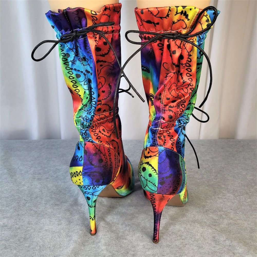 * Mata Bold Tie Dye Drawstring 4" Stiletto High Heel Mid Calf Boots - Picture 8 of 11